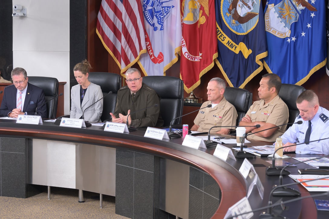 Defense Logistics Agency Director Army Lt. Gen. Mark Simerly, center, provides opening remarks during the Navy/DLA Service Integration Day in the McNamara Headquarters Complex at Fort Belvoir, Virginia, July 2, 2025.