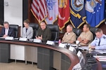 Defense Logistics Agency Director Army Lt. Gen. Mark Simerly, center, provides opening remarks during the Navy/DLA Service Integration Day in the McNamara Headquarters Complex at Fort Belvoir, Virginia, July 2, 2025.