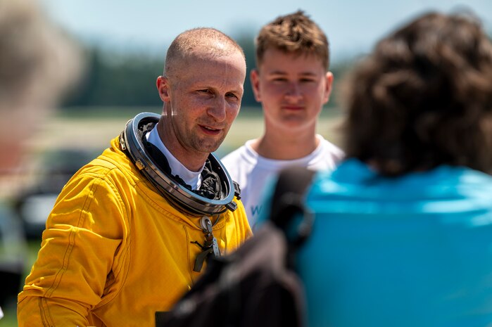 U.S. Air Force Lt. Col. GOGO, 9th Reconnaissance Wing inspector general, speaks with friends and family in Oshkosh, Wisconsin, July 20, 2025.