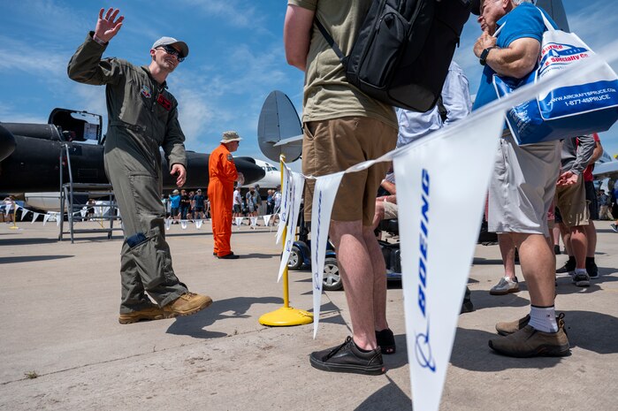 U.S. Air Force Lt. Col. GOGO, 9th Reconnaissance Wing inspector general, answers questions about the U-2 Dragon Lady at Oshkosh, Wisconsin, July 21, 2025.