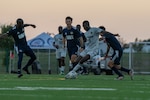 U.S. Army Soldiers and Navy Sailors fight for control of the ball during the Armed Forces Men’s Soccer Championship in Phantom Warrior Stadium, Fort Hood, Texas, on July 28, 2025. Each team faces off in a bracket to determine which service will hold the championship title, featuring teams from the Army, Navy, and Air Force. (U.S. Army photo by Sgt. Tien Dat Ngo)