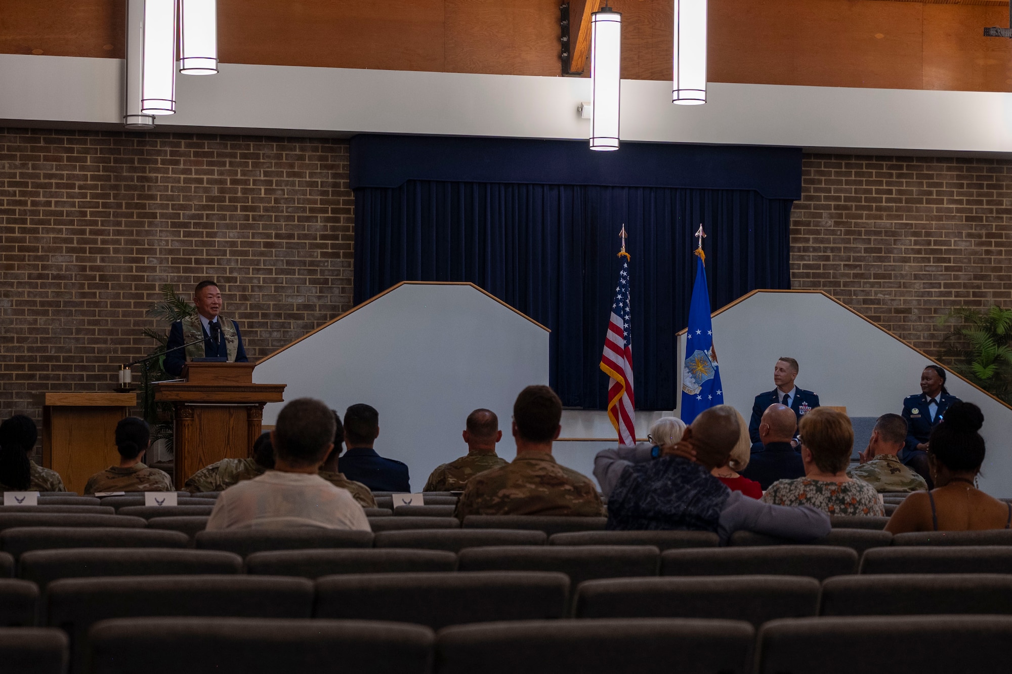 U.S. Air Force Lt. Col. Henry Hahm, incoming senior chaplain of the 11th Wing Chaplain Corps, speaks during a change of stole ceremony at Joint Base Anacostia-Bolling, Washington, D.C., June 23, 2025.