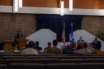 U.S. Air Force Lt. Col. Henry Hahm, incoming senior chaplain of the 11th Wing Chaplain Corps, speaks during a change of stole ceremony at Joint Base Anacostia-Bolling, Washington, D.C., June 23, 2025.