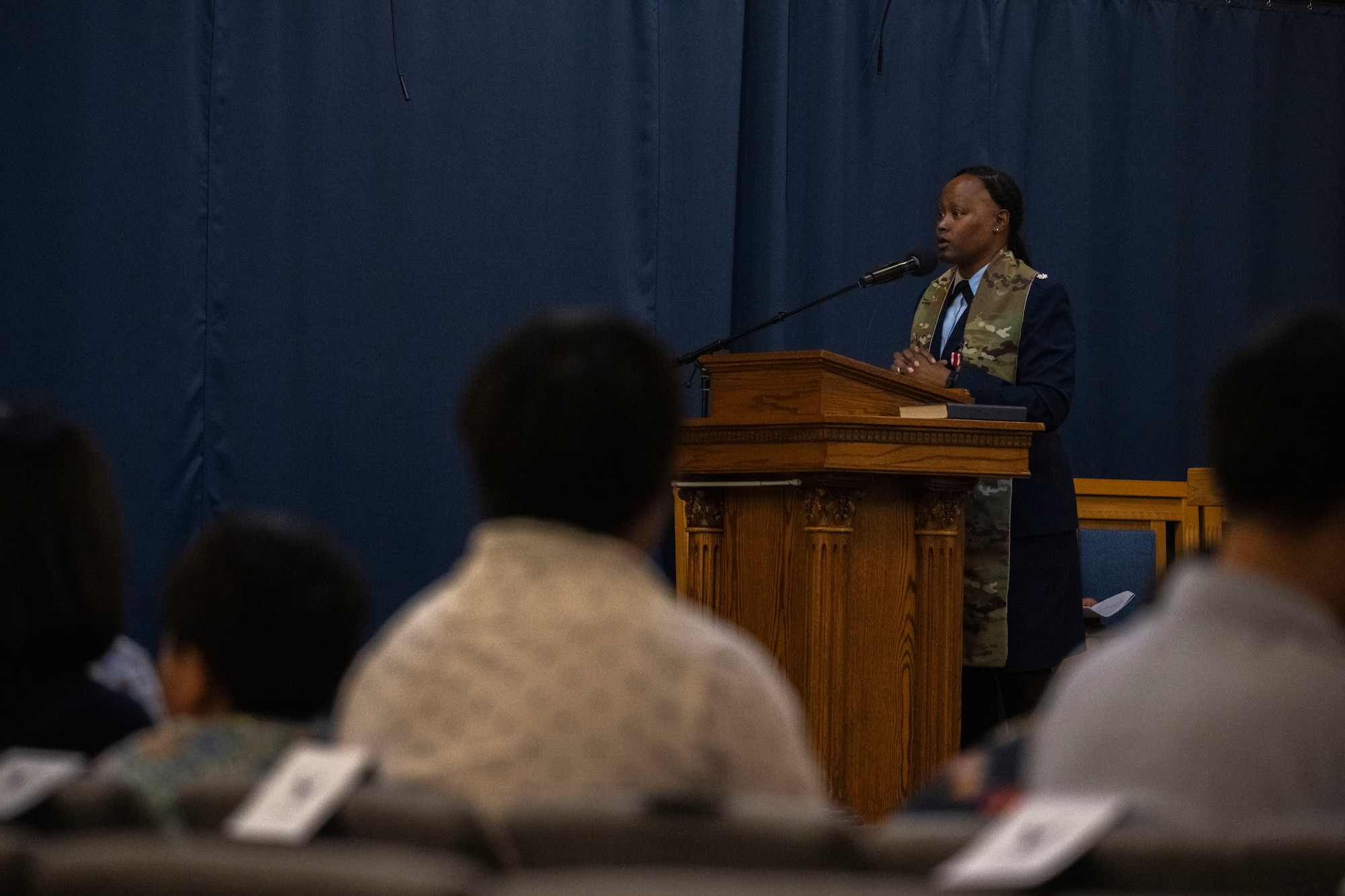 U.S. Air Force Lt. Col. Meoshia Wilson, outgoing senior chaplain of the 11th Wing Chaplain Corps, speaks during a change of stole ceremony at Joint Base Anacostia-Bolling, Washington, D.C., June 23, 2025.
