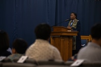 U.S. Air Force Lt. Col. Meoshia Wilson, outgoing senior chaplain of the 11th Wing Chaplain Corps, speaks during a change of stole ceremony at Joint Base Anacostia-Bolling, Washington, D.C., June 23, 2025.