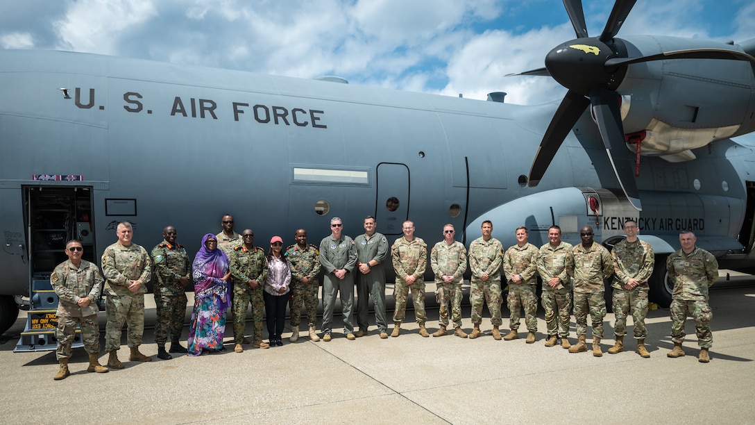 Leaders from the Djiboutian armed forces visit the Kentucky Air National Guard Base in Louisville, Ky., July 22, 2025, to learn more about the mission capabilities of the 123rd Airlift Wing.