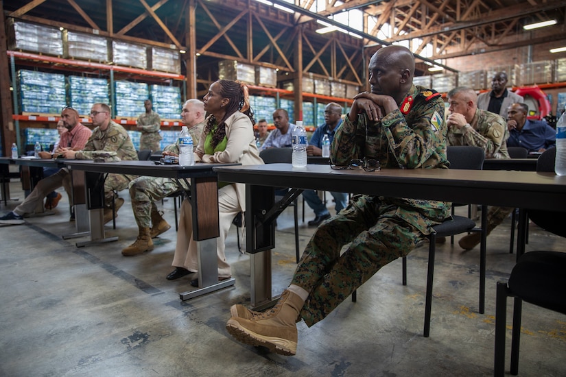 Delegates of the Djiboutian Armed Forces and U.S. Army leaders participate in a key leader engagement at the Kentucky Urban Search and Rescue facility in Avon, Kentucky, July 21, 2025.
