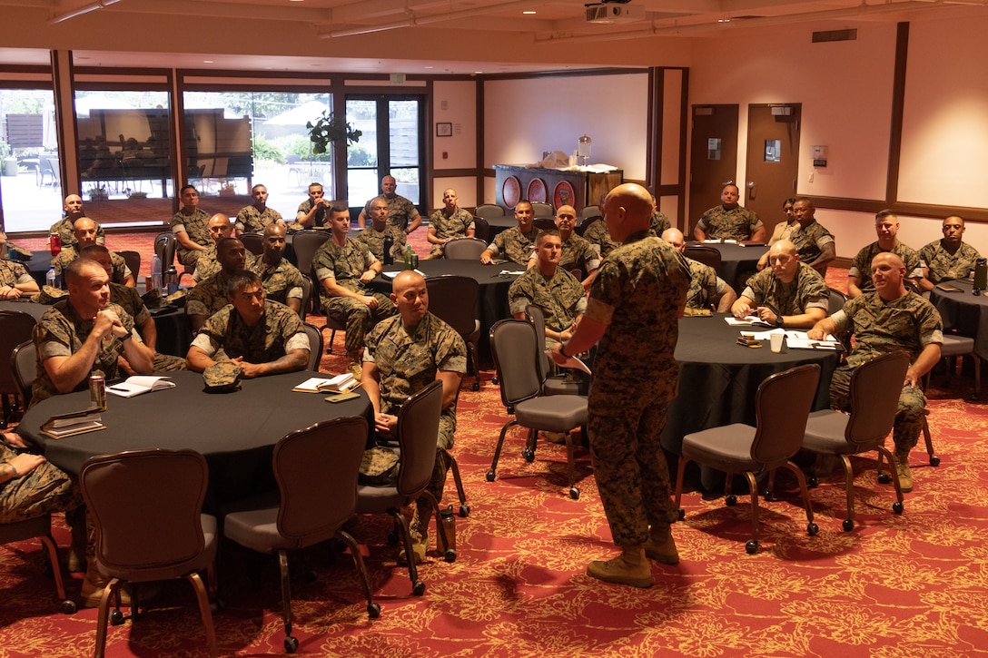 U.S. Marine Corps Sgt. Maj. Rodney E. Nevinger, the command senior enlisted leader of I Marine Expeditionary Force, meets with I MEF senior enlisted leadership at Marine Corps Air Station Miramar, California, July 25, 2025.