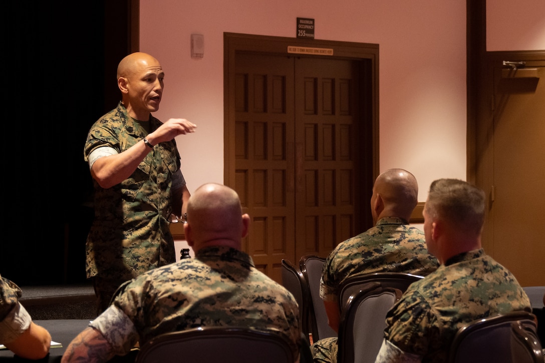 U.S. Marine Corps Sgt. Maj. Rodney E. Nevinger, the command senior enlisted leader of I Marine Expeditionary Force, meets with I MEF senior enlisted leadership at Marine Corps Air Station Miramar, California, July 25, 2025.