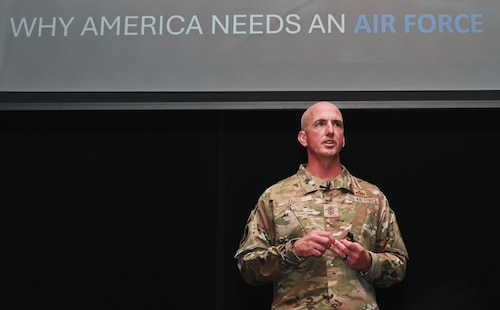 Chief Master Sergeant of the Air Force David A. Flosi speaks at an all call during his mission immersion visit at Ramstein Air Base, Germany, July 22, 2025. Flosi addressed challenges and opportunities about the upcoming changes within the Air Force and engaged with enlisted leaders. (U.S. Air Force photo by Senior Airman Sabrina Fuller-Judd)