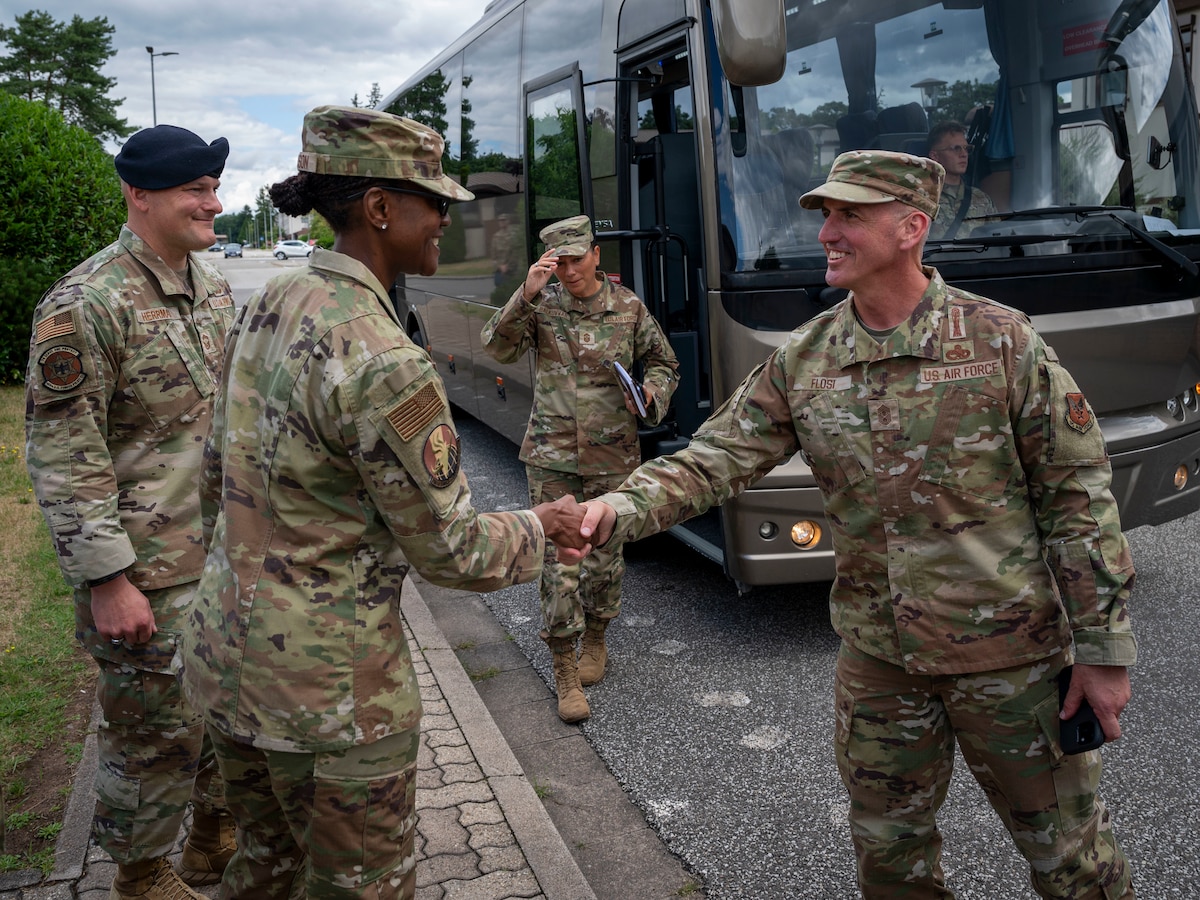 Chief Master Sergeant of the Air Force David A. Flosi meets with 86th Airlift Wing chiefs during his visit to Ramstein Air Base, Germany, July 23, 2025. Flosi recognized outstanding Airmen from across the installation and lauded their commitment to advancing Department of Defense and Air Force priorities. (U.S. Air Force photo by Senior Airman Sabrina Fuller-Judd)