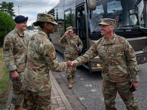 Chief Master Sergeant of the Air Force David A. Flosi meets with 86th Airlift Wing chiefs during his visit to Ramstein Air Base, Germany, July 23, 2025. Flosi recognized outstanding Airmen from across the installation and lauded their commitment to advancing Department of Defense and Air Force priorities. (U.S. Air Force photo by Senior Airman Sabrina Fuller-Judd)