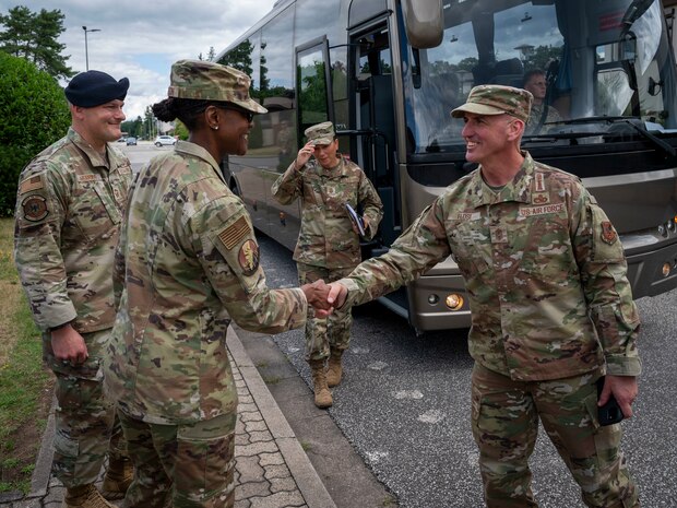 Chief Master Sergeant of the Air Force David A. Flosi meets with 86th Airlift Wing chiefs during his visit to Ramstein Air Base, Germany, July 23, 2025. Flosi recognized outstanding Airmen from across the installation and lauded their commitment to advancing Department of Defense and Air Force priorities. (U.S. Air Force photo by Senior Airman Sabrina Fuller-Judd)