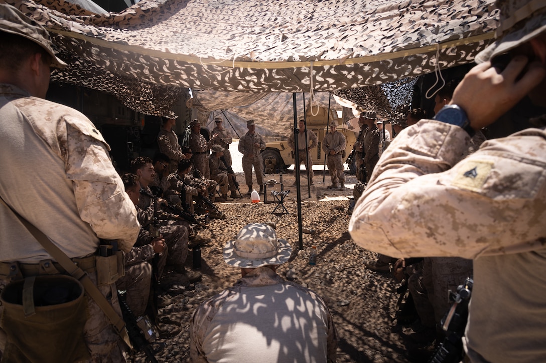 U.S. Marines with the 4th Law Enforcement Battalion, Force Headquarters Group give a confirmation brief during Integrated Training Exercise 3-25 (ITX 3-25) at Marine Corps Air Ground Combat Center, Twentynine Palms, California, June 10th, 2025. ITX is a critical Marine Air-Ground Task Force exercise for the Marine Forces Reserve’s training cycle, confirming unit readiness through live-fire and combined arms integration. (U.S. Marine Corps photo by Lance Cpl. Edward Spears)