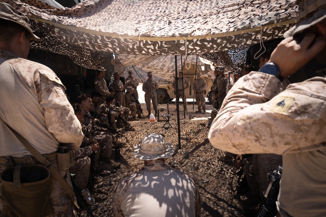 U.S. Marines with the 4th Law Enforcement Battalion, Force Headquarters Group give a confirmation brief during Integrated Training Exercise 3-25 (ITX 3-25) at Marine Corps Air Ground Combat Center, Twentynine Palms, California, June 10th, 2025. ITX is a critical Marine Air-Ground Task Force exercise for the Marine Forces Reserve’s training cycle, confirming unit readiness through live-fire and combined arms integration. (U.S. Marine Corps photo by Lance Cpl. Edward Spears)