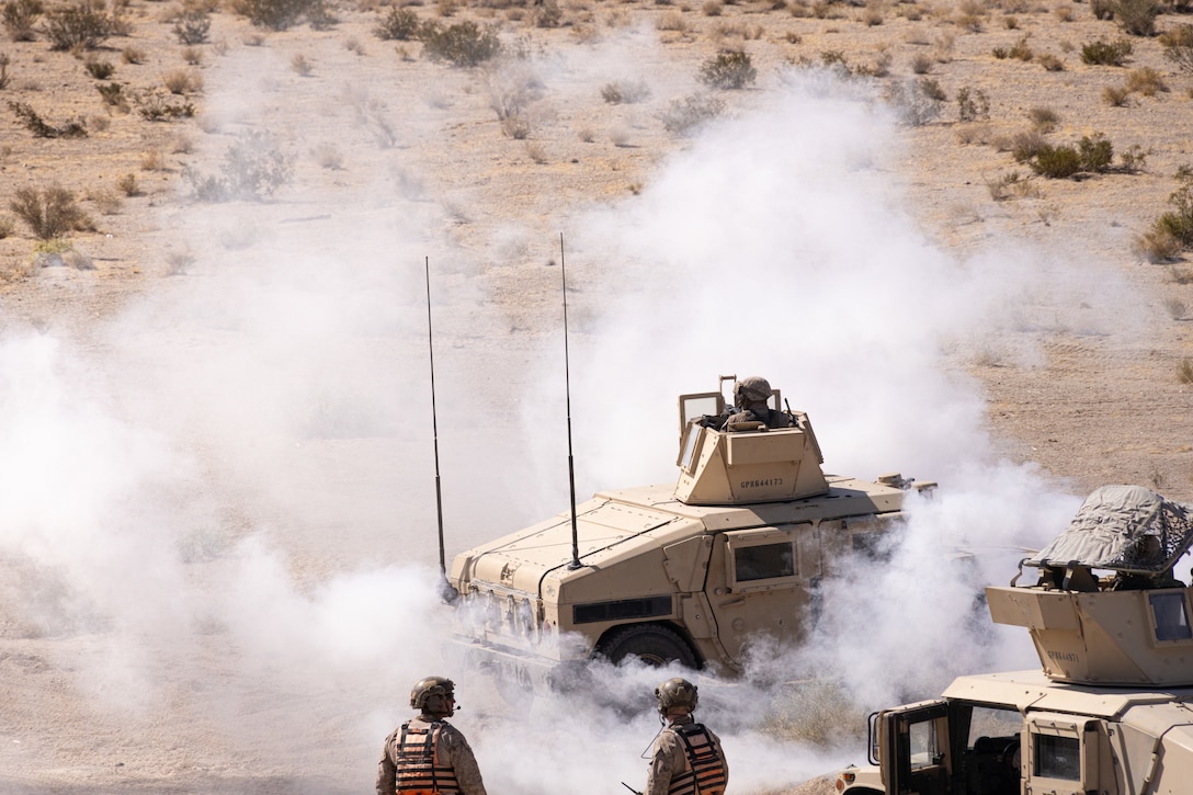 U.S. Marines with the 4th Law Enforcement Battalion, Force Headquarters Group conduct a Motorized Operations Course during Integrated Training Exercise 3-25 (ITX 3-25) at Marine Corps Air Ground Combat Center, Twentynine Palms, California, June 10th, 2025. ITX is a critical Marine Air-Ground Task Force exercise for the Marine Forces Reserve’s training cycle, confirming unit readiness through live-fire and combined arms integration. (U.S. Marine Corps photo by Lance Cpl. Edward Spears)1