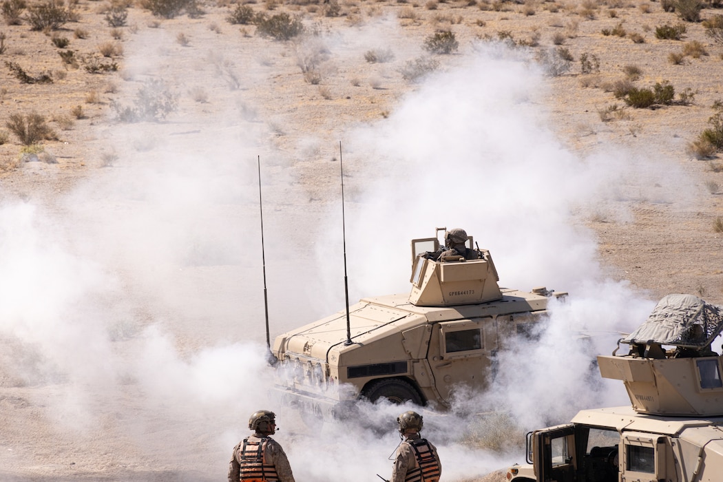 U.S. Marines with the 4th Law Enforcement Battalion, Force Headquarters Group conduct a Motorized Operations Course during Integrated Training Exercise 3-25 (ITX 3-25) at Marine Corps Air Ground Combat Center, Twentynine Palms, California, June 10th, 2025. ITX is a critical Marine Air-Ground Task Force exercise for the Marine Forces Reserve’s training cycle, confirming unit readiness through live-fire and combined arms integration. (U.S. Marine Corps photo by Lance Cpl. Edward Spears)1