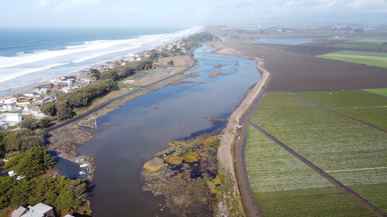 The Watsonville Slough coastal lagoon is located in Santa Cruz County, California. It is a tributary of the Pajaro River, where the river meets the Pacific Ocean.