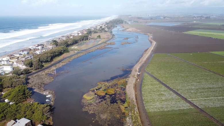 The Watsonville Slough coastal lagoon is located in Santa Cruz County, California. It is a tributary of the Pajaro River, where the river meets the Pacific Ocean.