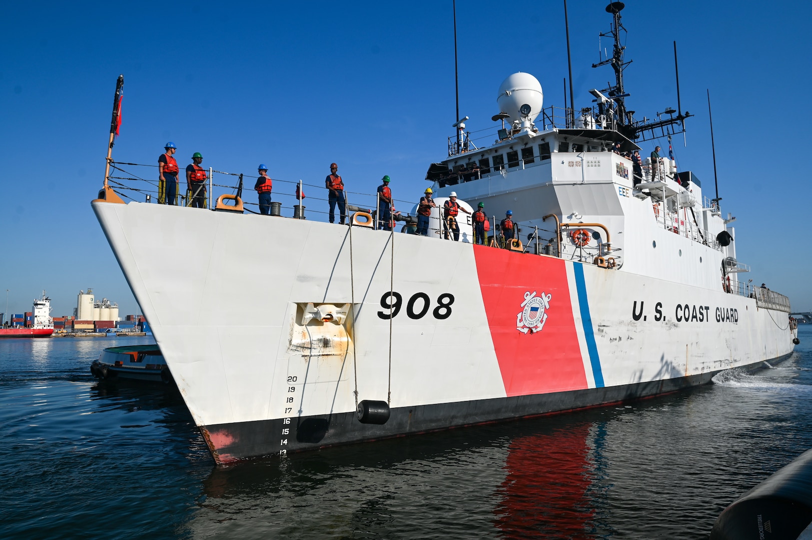 The Coast Guard Cutter Tahoma moors at Port Everglades at Port Everglades, on July 29, 2025. The seized contraband was the result of an interdiction on June 24, 2025, approximately 120 miles northwest of Ecuador by the crew of the Tahoma. (U.S. Coast Guard photo by Petty Officer 3rd Class Nicholas Strasburg)
