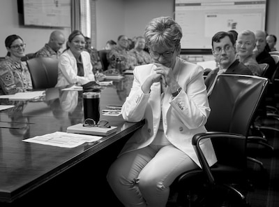 Terri Lavoie, Assistant Chief of Staff at Walter Reed National Military Medical Center, attends her last Board of Directors meeting before retiring after more than 19 years as a civilian at Walter Reed, following 20 years of uniformed service as a U.S. Navy nurse. Her leadership and dedication have strengthened the hospital’s culture and positively influenced generations of patients and staff. (DOD photo by Ricardo J. Reyes)