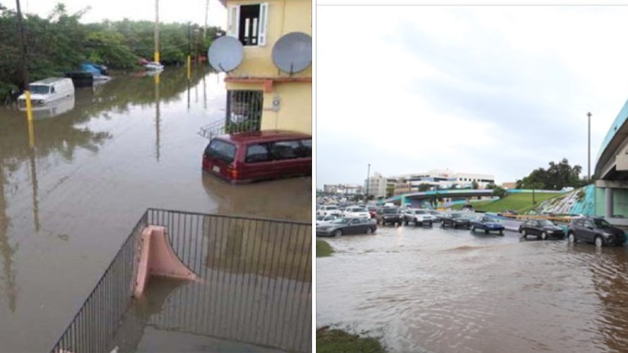Two images of flooding. The first shows a residential street with floodwaters rising above the wheels of a car and into the first floor of a house. The second shows cars on an expressway in floodwater.