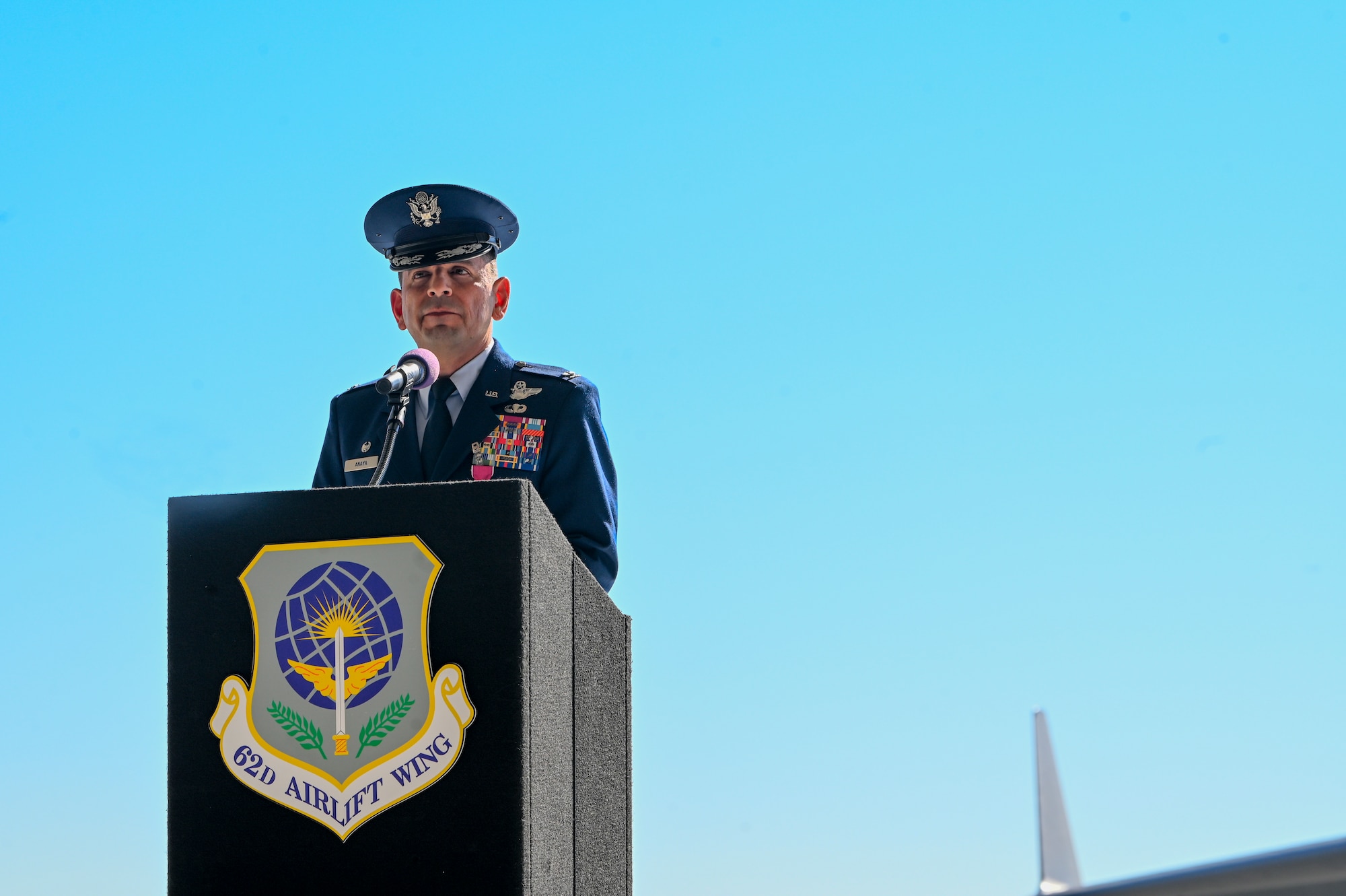 U.S. Air Force Col. Sergio Anaya, outgoing 62d Airlift Wing commander, gives remarks to the 62d AW, during a change of command ceremony at Joint Base Lewis-McChord, Washington, July 29, 2025.