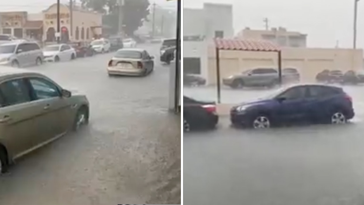 Two images of flooding. Both first show cars parked in a street with floodwater cover their wheels.