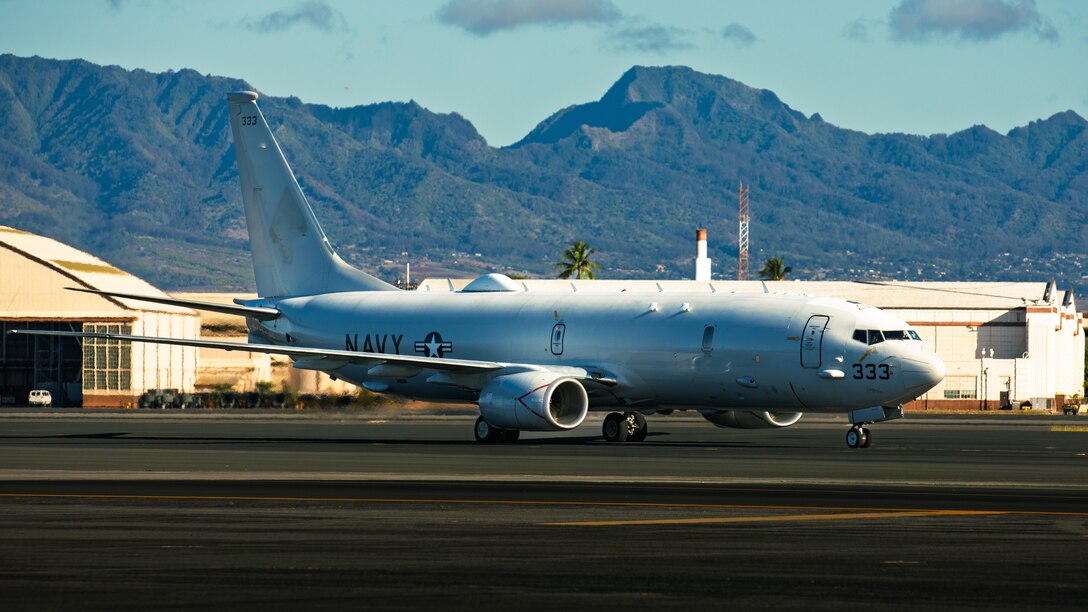 VX-1 P-8A Poseidon taxis on airfield at Joint Base Pearl Harbor-Hickam