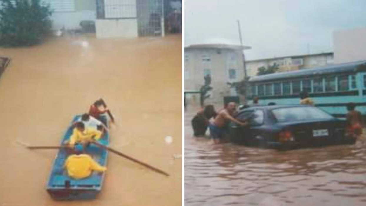 Two images of flooding. In the first, four people in a rowboat are seen next to a building. In the second, several people try to push a car through floodwater that is up to their knees.