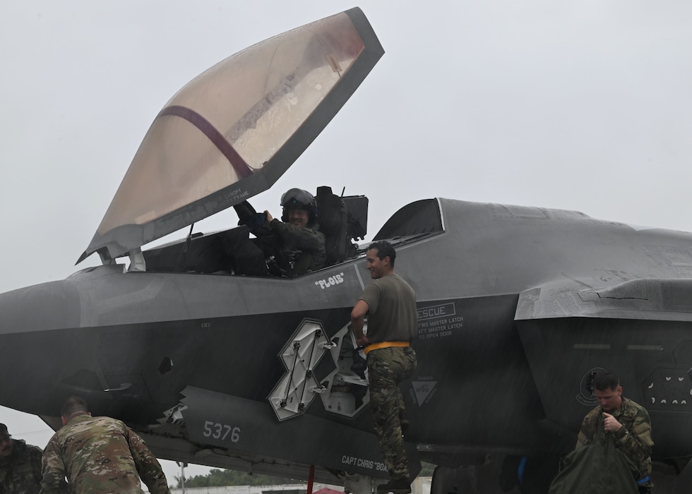U.S. Air Force Capt. Hans “Prank” Kollar, 355th Mission Generation Force Element F-35A Lightning II pilot, arrives in Guam for exercise Resolute Force Pacific 25 in Guam, July 12, 2025.