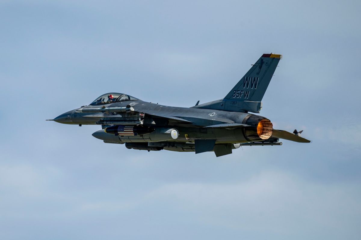 A U.S. Air Force F-16C Fighting Falcon assigned to the 35th Fighter Wing takes off during exercise Resolute Force Pacific (REFORPAC) 2025 at Misawa Air Base, Japan, July 22, 2025.