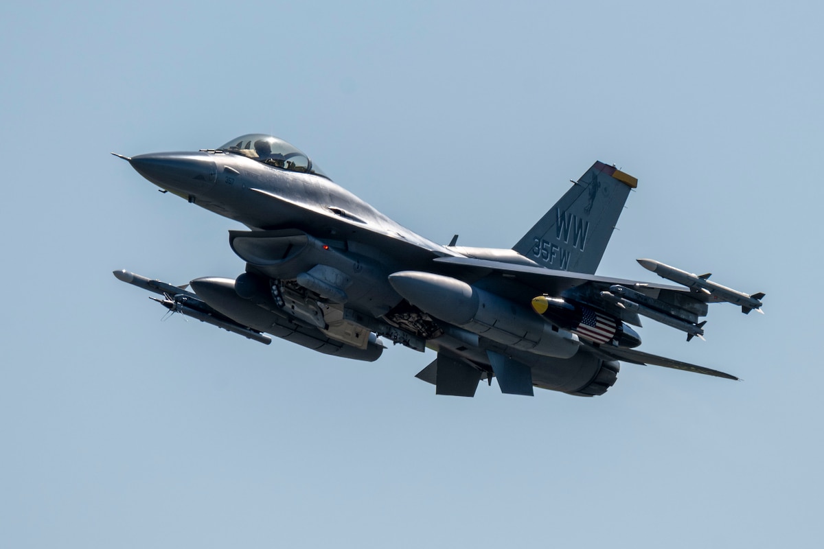 A U.S. Air Force F-16C Fighting Falcon assigned to the 35th Fighter Wing takes off during exercise Resolute Force Pacific (REFORPAC) 2025 at Misawa Air Base, Japan, July 22, 2025