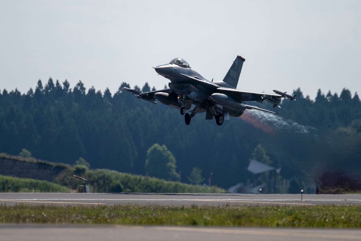 A U.S. Air Force F-16C Fighting Falcon assigned to the 35th Fighter Wing takes off during exercise Resolute Force Pacific (REFORPAC) 2025 at Misawa Air Base, Japan, July 22, 2025.