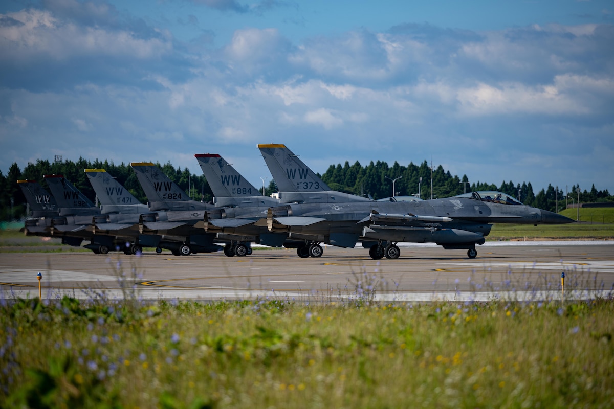 U.S. Air Force F-16 Fighting Falcons assigned to the 35th Fighter Squadron line up for takeoff for agile combat employment operations during exercise Resolute Force Pacific 2025.