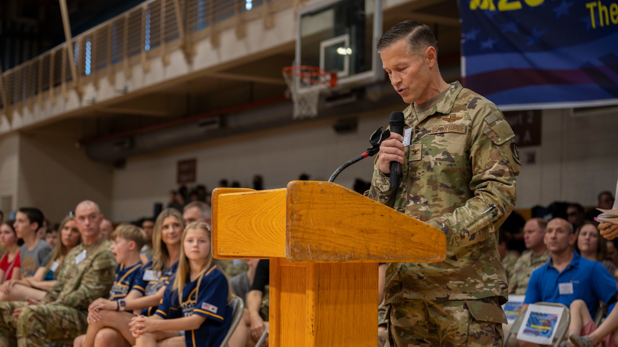 U.S. Air Force Col. Ryan Ley, 51st Fighter Wing commander, gives opening remarks for the 2025 ROK-US Combat Taekwondo Exhibition at Osan Air Base, Republic of Korea, July 26, 2025. The exhibition demonstrated the power of teamwork and discipline, key elements that unite the U.S. and ROK forces in their shared mission of peace and stability. (U.S. Air Force photo by Senior Airman Rome Bowermaster)