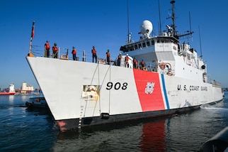 The Coast Guard Cutter Tahoma moors at Port Everglades at Port Everglades, on July 29, 2025. The seized contraband was the result of an interdiction on June 24, 2025, approximately 120 miles northwest of Ecuador by the crew of the Tahoma. (U.S. Coast Guard photo by Petty Officer 3rd Class Nicholas Strasburg)