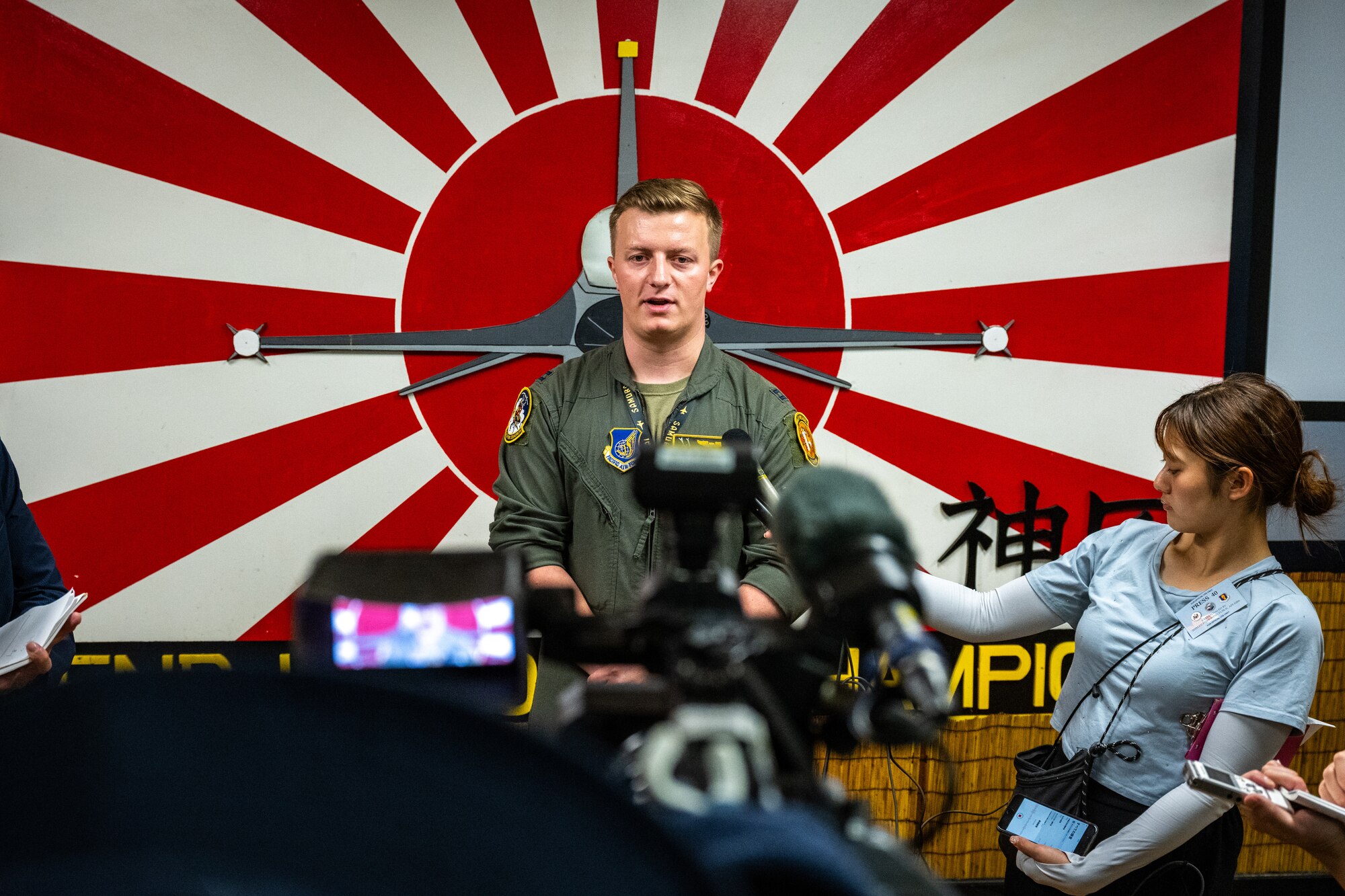 U.S. Air Force Capt. Tanner Massey, 14th Fighter Squadron pilot, answers local media questions during exercise Resolute Force Pacific (REFORPAC) 2025 at Misawa Air Base