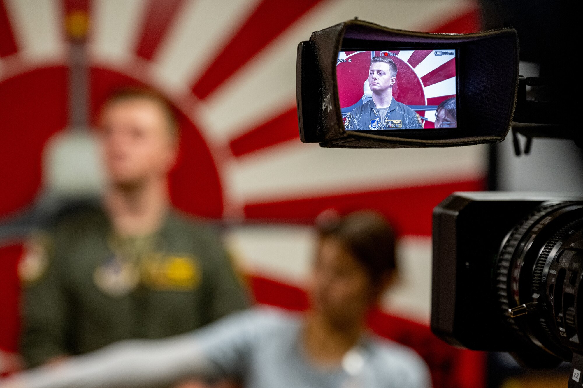 U.S. Air Force Capt. Tanner Massey, 14th Fighter Squadron pilot, answers local media questions during exercise Resolute Force Pacific (REFORPAC) 2025 at Misawa Air Base, Japan, July 17, 2025.
