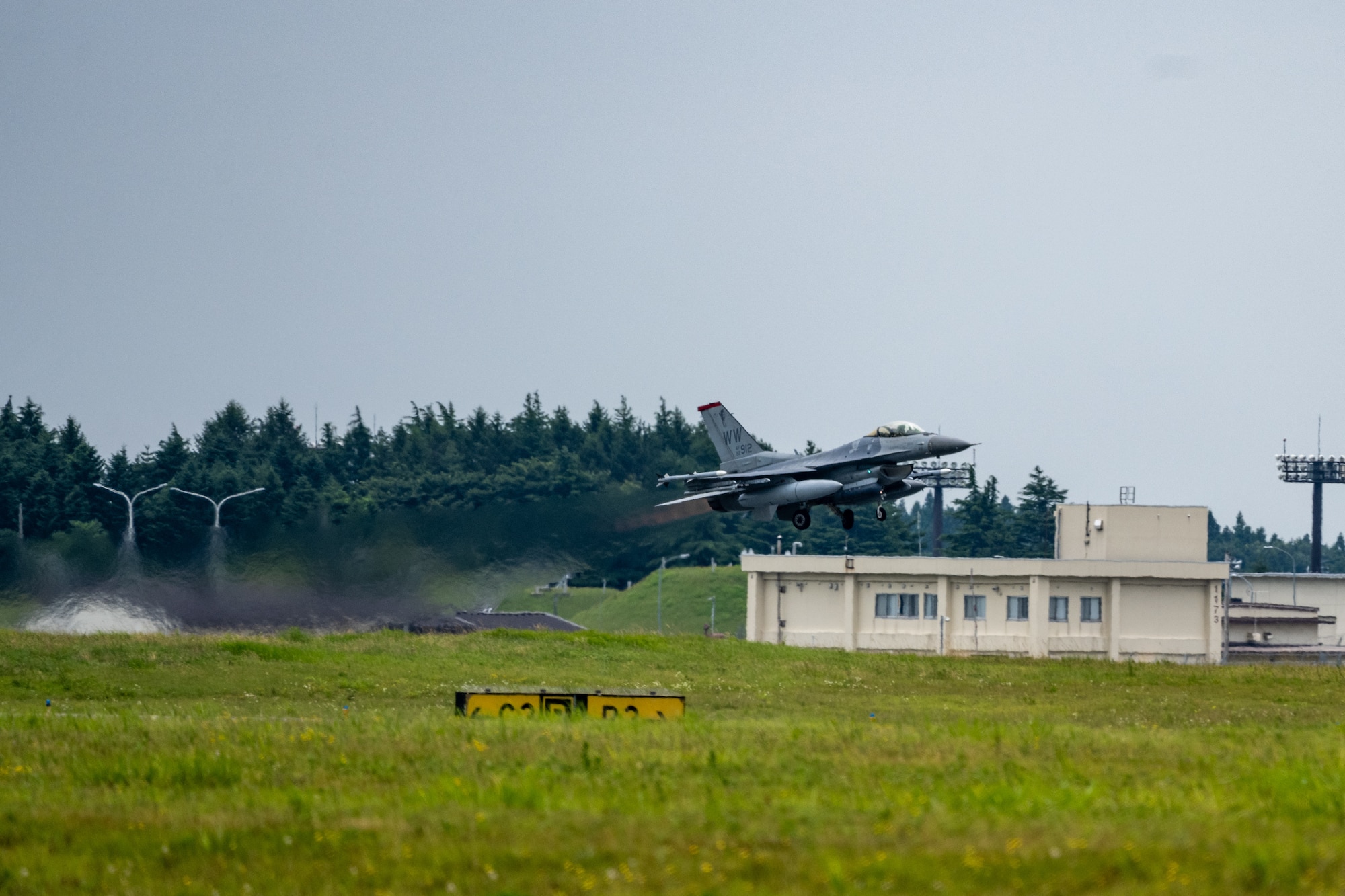A U.S. Air Force F-16C Fighting Falcon assigned to the 14th Fighter Squadron takes off during exercise Resolute Force Pacific (REFORPAC) 2025 at Misawa Air Base