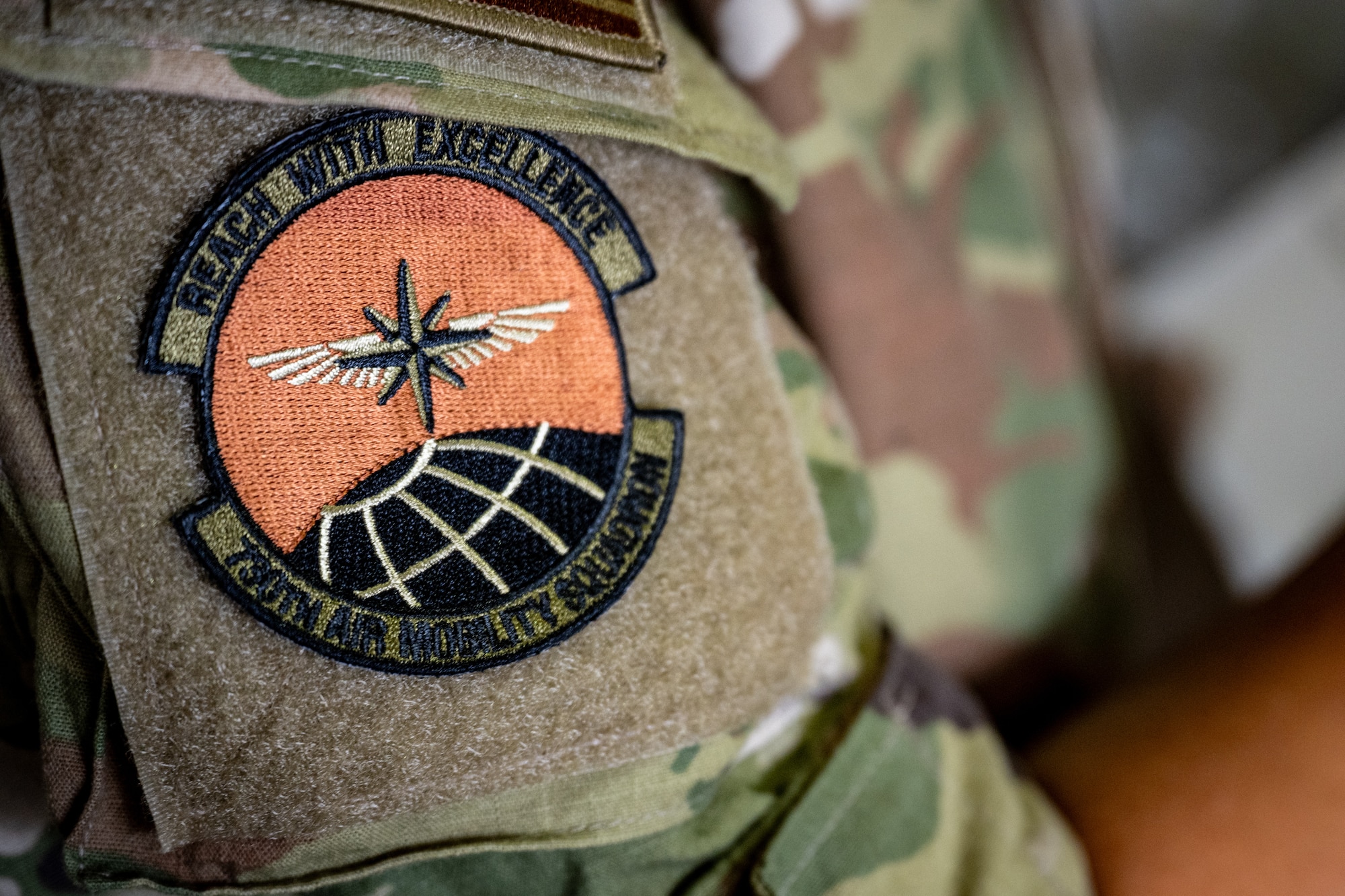 U.S. Air Force Staff Sgt. Noam Naiman, 730th Air Mobility Squadron lead joint inspector, wears his squadron patch during exercise Resolute Force Pacific (REFORPAC) 2025