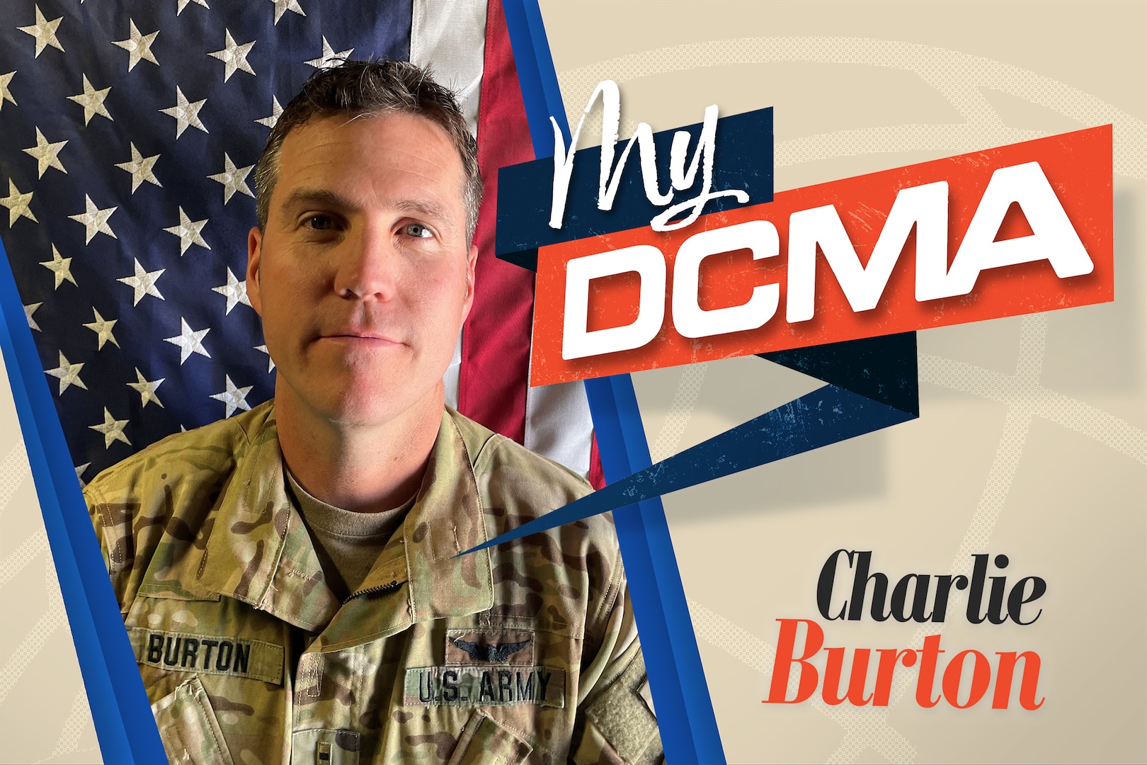 A man wears an Army camouflage uniform and stands near the American flag
