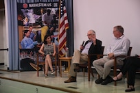 Pania Newell, (left), Ph.D., moderates a career panel discussion during the Naval Research Laboratory’s (NRL) “Pathways to Discovery” event, July 17, 2025, in Washington, D.C. Panelists included Peter Matic, (center), Ph.D., associate director of research for NRL’s Materials Science and Component Technology Directorate, and Andy Nicholas, (right), head of the NRL Sensor Development and Applications Section in the Space Science Division. The event provided summer interns a chance to learn about research careers within the Department of the Navy.