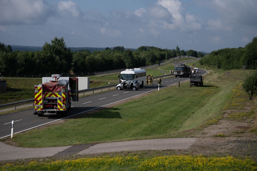 Emergency responders coordinate actions during a Major Accident Response Exercise at Spangdahlem Air Base, Germany, July 30, 2025. The MARE is an essential evaluation to assess how participants handle realistic and complex scenarios.