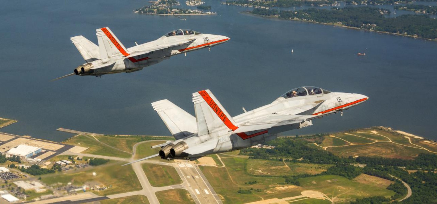 USNTPS F/A-18F Super Hornets fly over NAS Patuxent River, Maryland.