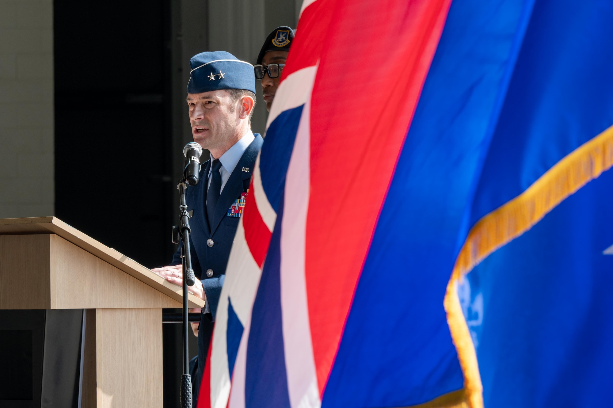 U.S. Air Force Maj. Gen. Paul Moga, Third Air Force commander, delivers remarks