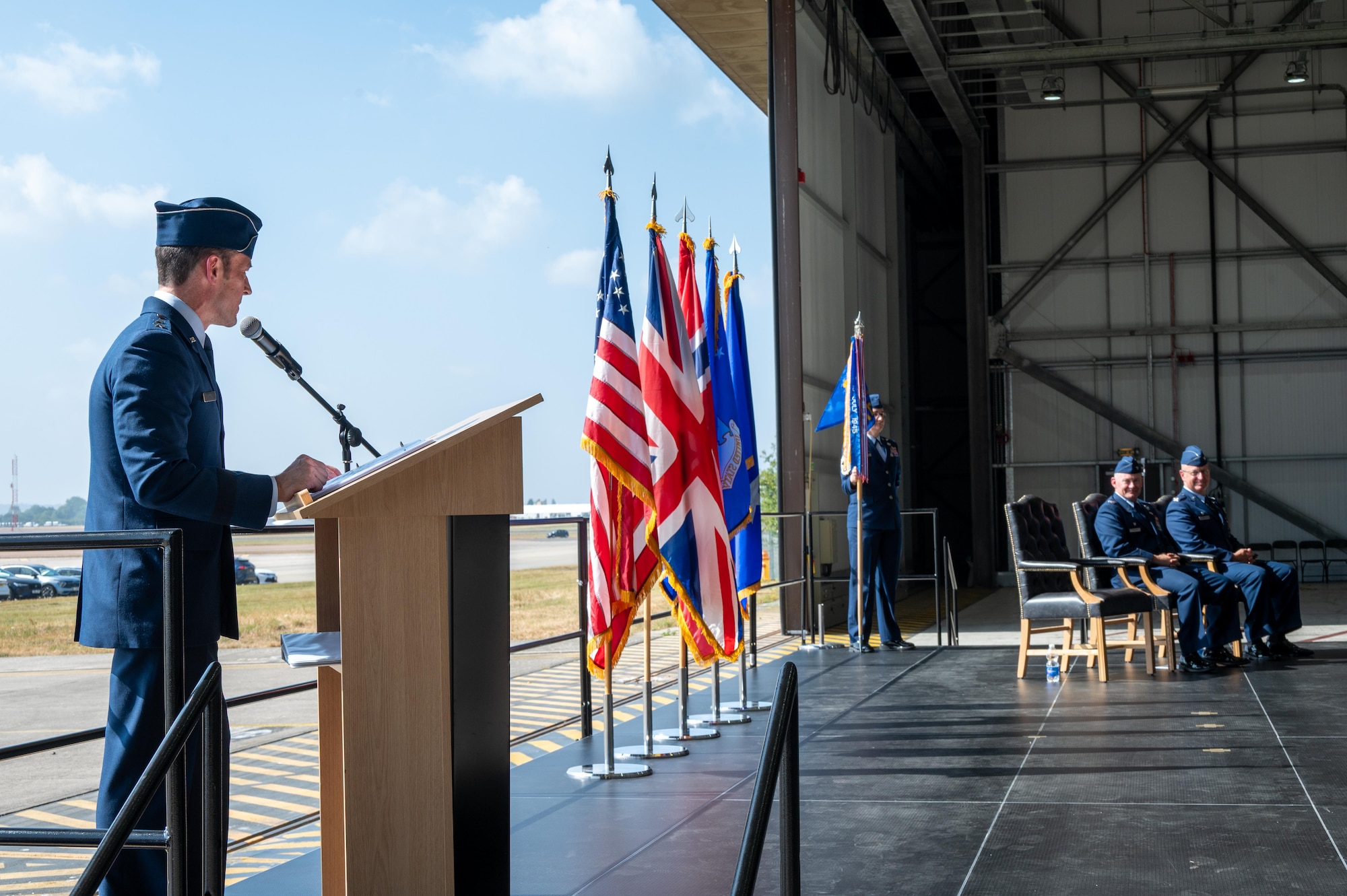 U.S. Air Force Maj. Gen. Paul Moga, Third Air Force commander, delivers remarks during the 501st CSW change of command ceremony