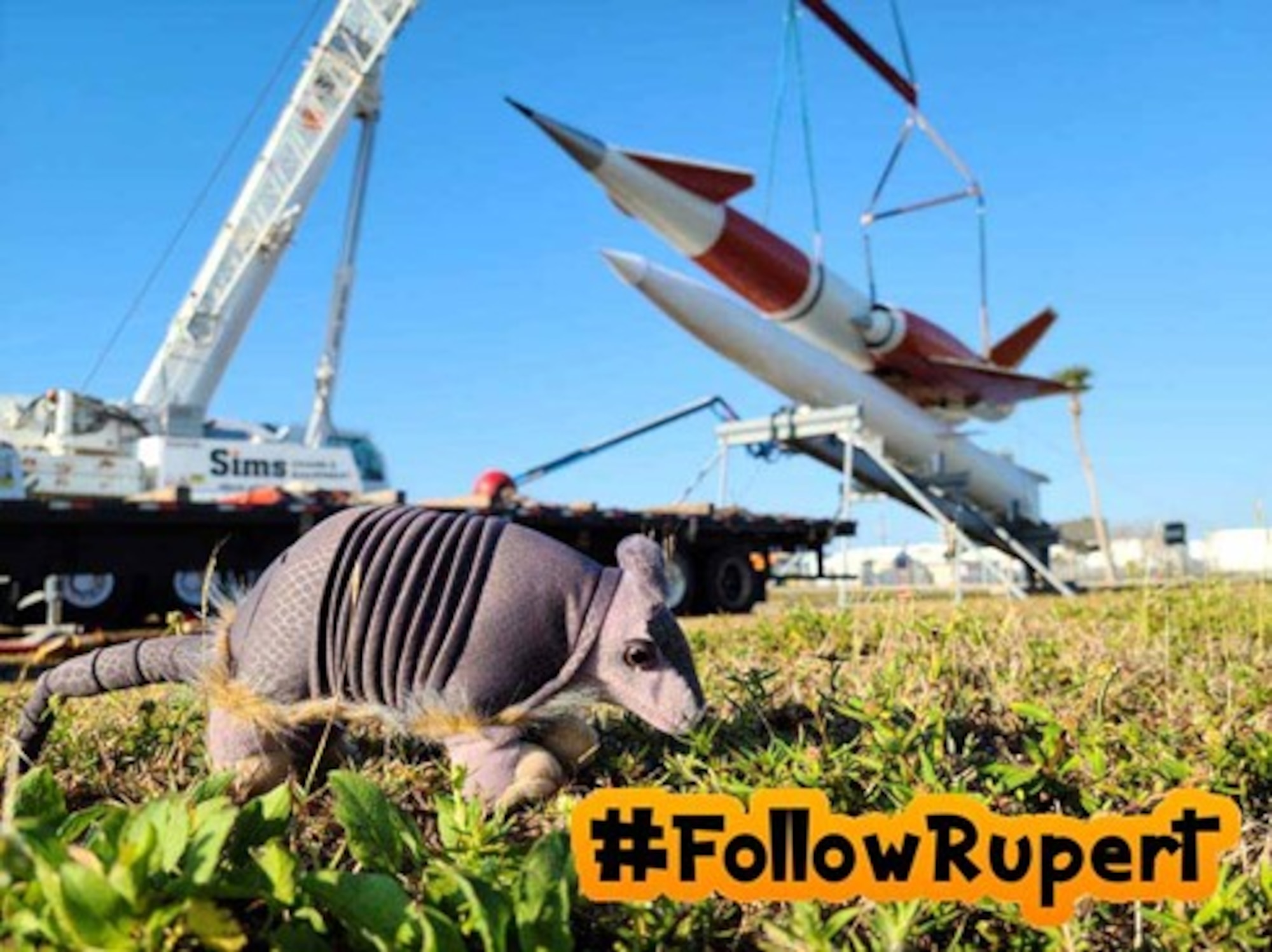 Rupert the Space Armadillo, a plush animal, poses at Cape Canaveral Space Force Station, Fla.