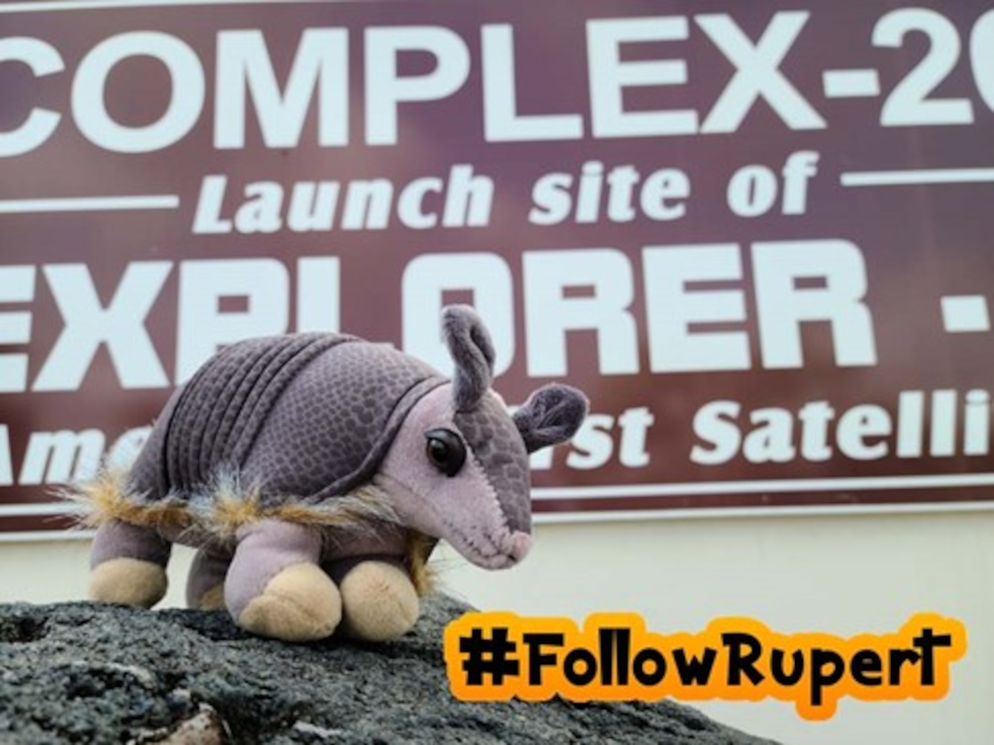 Rupert the Space Armadillo, a plush animal, poses at Cape Canaveral Space Force Station, Fla.