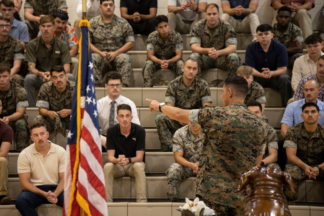 U.S. Marine Corps Sgt. Maj. Carlos A. Ruiz, the 20th Sergeant Major of the Marine Corps, visits Marines on Marine Corps Base Camp Lejeune, North Carolina, July 24, 2025. During his visit, Ruiz attended the II Marine Expeditionary Force relief and appointment ceremony, where Sgt. Maj. David A. Wilson relinquished his duties to Sgt. Maj. Anthony J. Loftus. Ruiz also spoke Marines attending the Transition Readiness Seminar, in order to receive feedback on the program. (U.S. Marine Corps photo by GySgt Jordan E. Gilbert)
